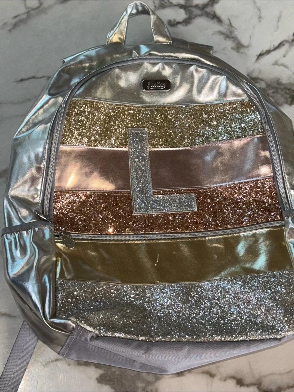 Justice Metallic Pink & Gold Glitter 'L' Backpack